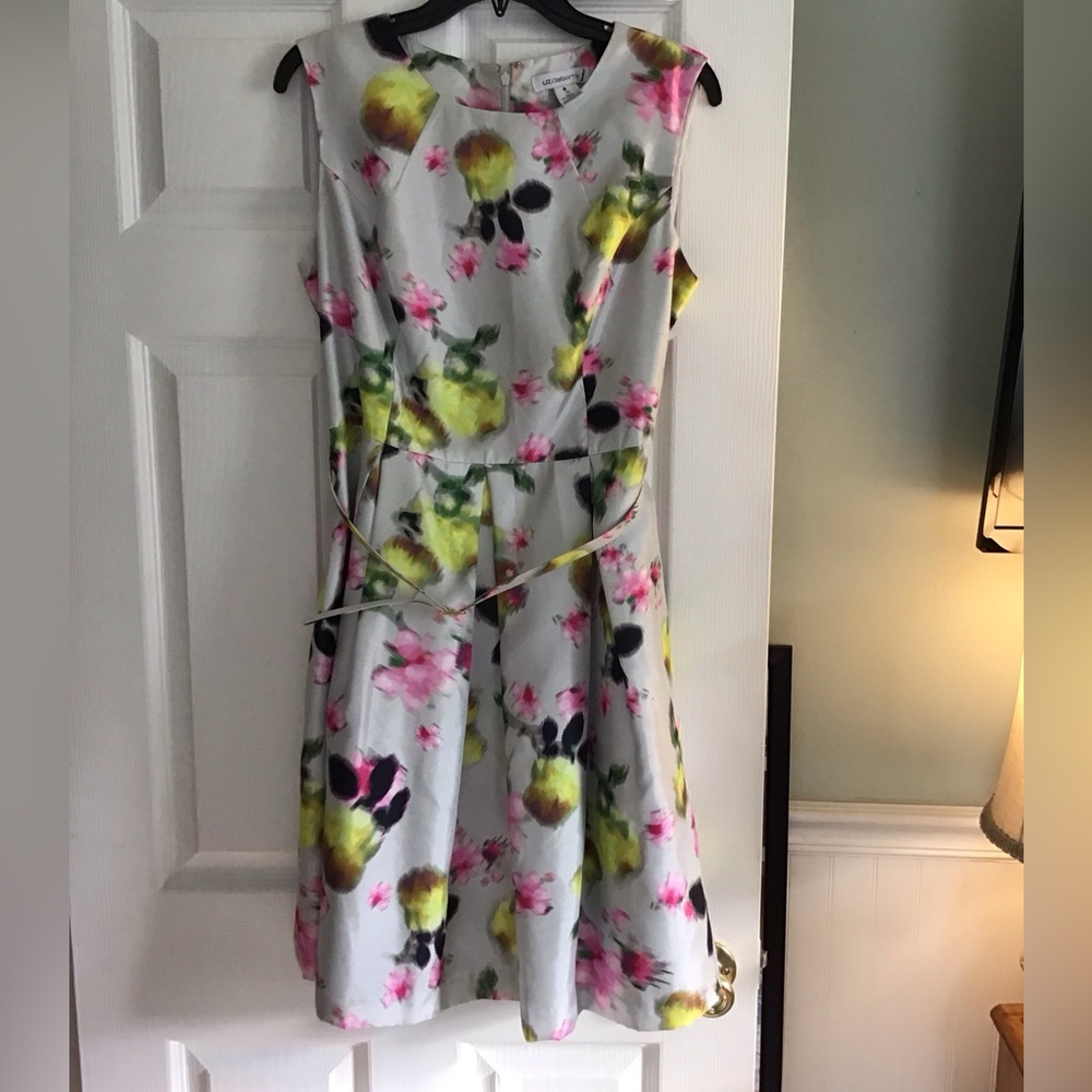 Liz Claiborne Womens Dress 12 Gray Floral A Line Sleeveless Belted‎ Lined